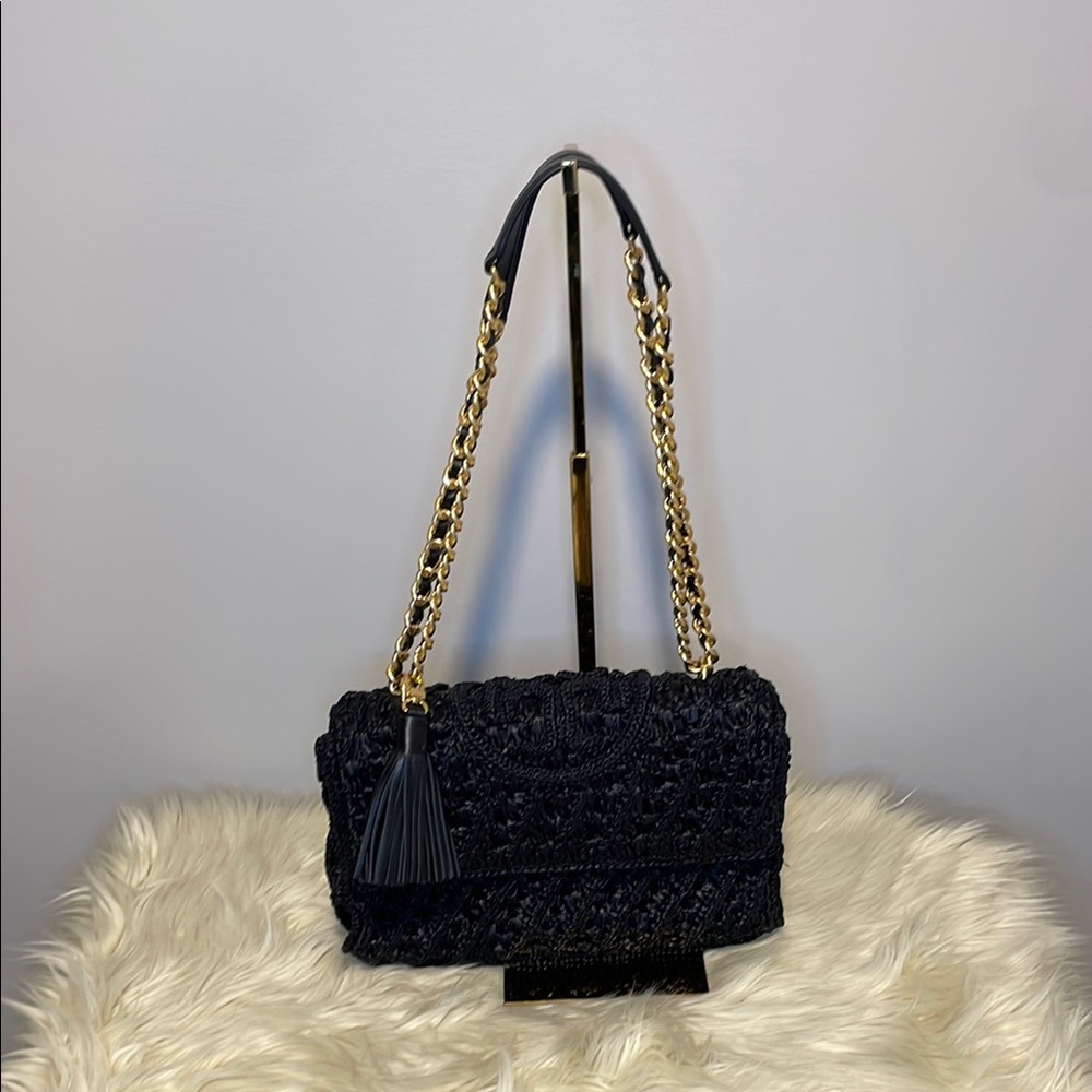Tory Burch Black Crochet Shoulder Bag with Gold Chain